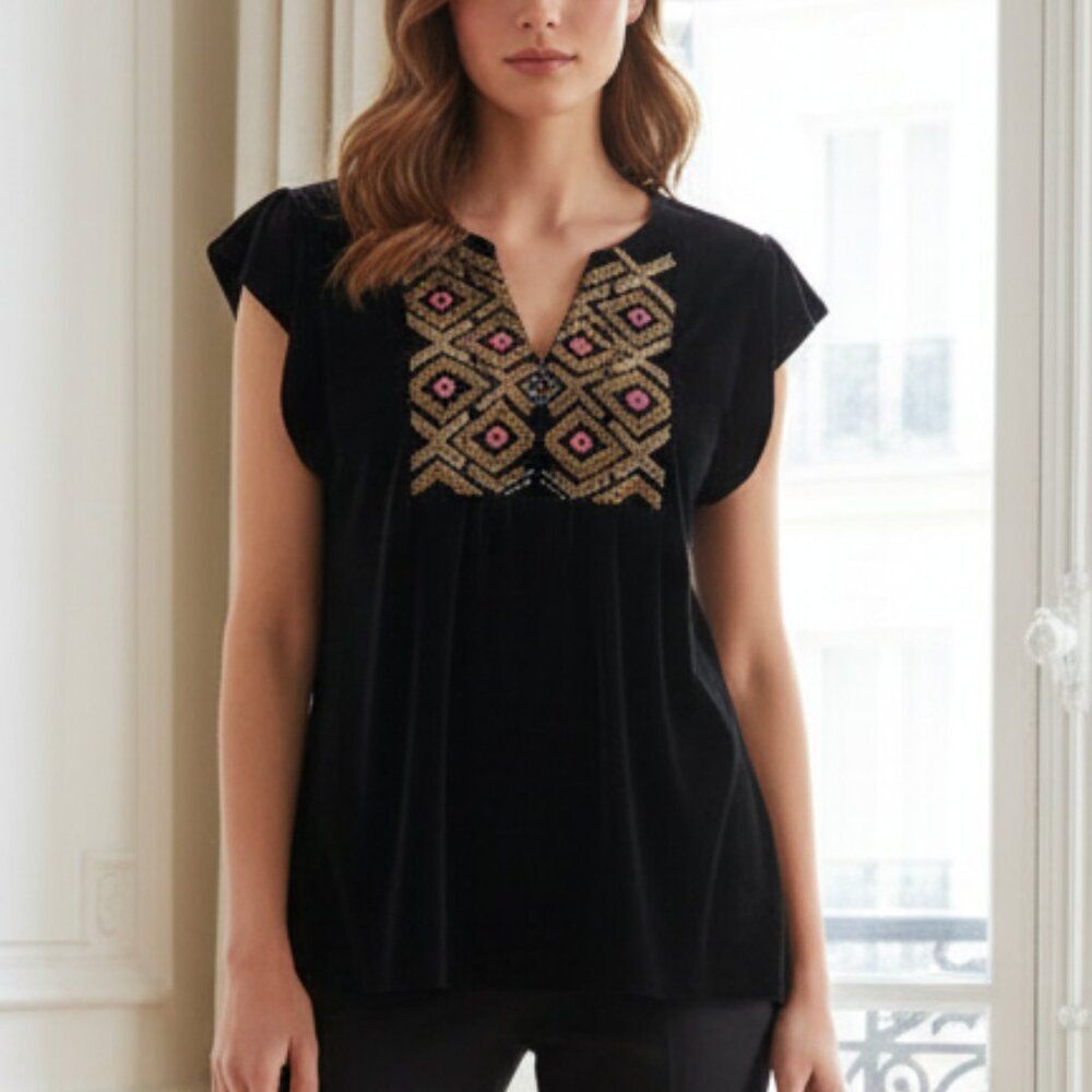 THML Black Velvety Embroidered V-Neck Top Cap Sleeve NWT Large